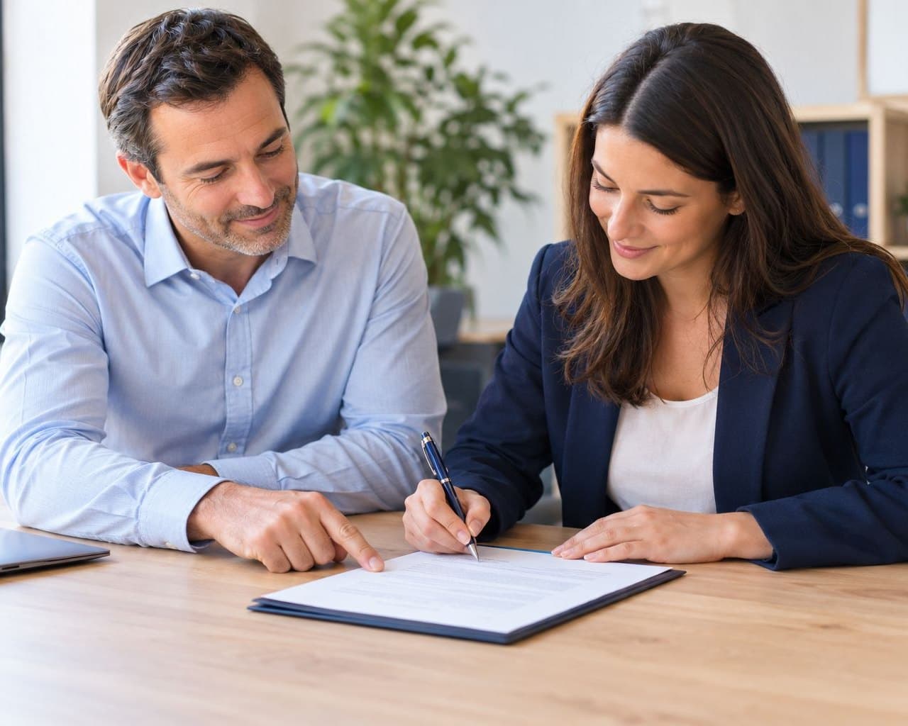 Un employeur accompagne sa nouvelle salariée qui signe son contrat de travail